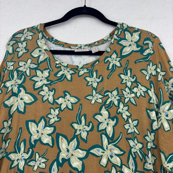 LOGO Lori Goldstein Tunic Blouse Top Size 2X Brown Green Floral Ruffle FLAW - Picture 3 of 13